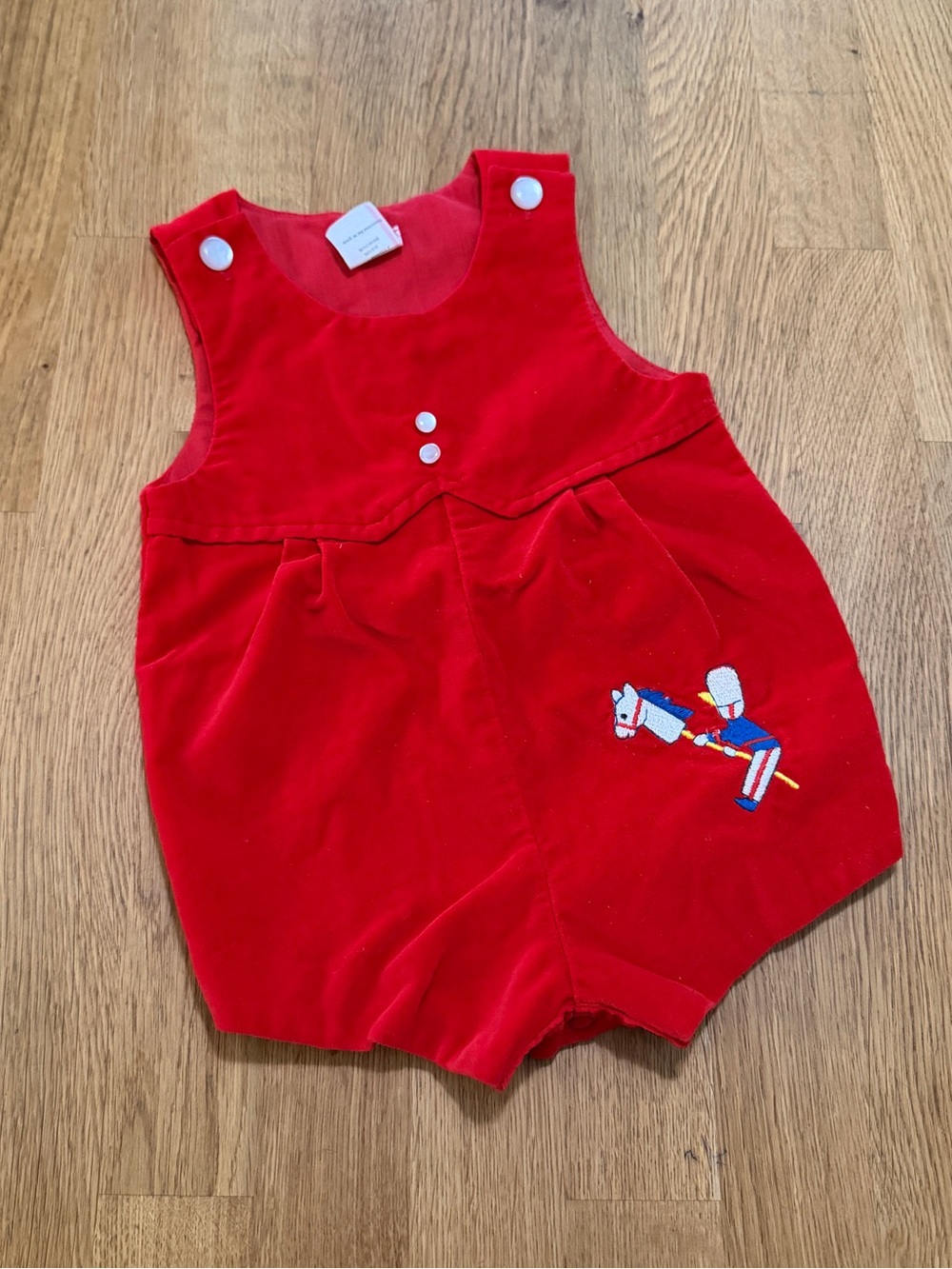 Vintage 6-9 MONTHS Red Velvet Romper Embroidered Horse Soldier